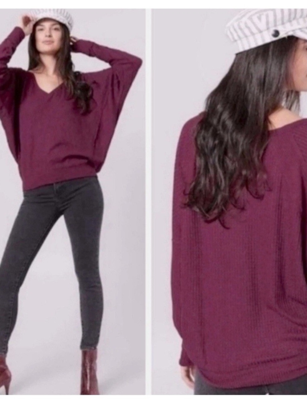 Free People Oversized V-Neck Sweater in Mulberry